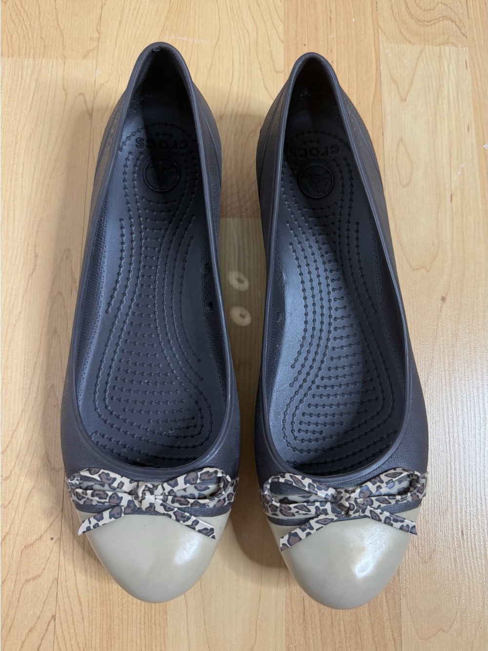 CROCS Black Flats with Cream Toe and Leopard Bow